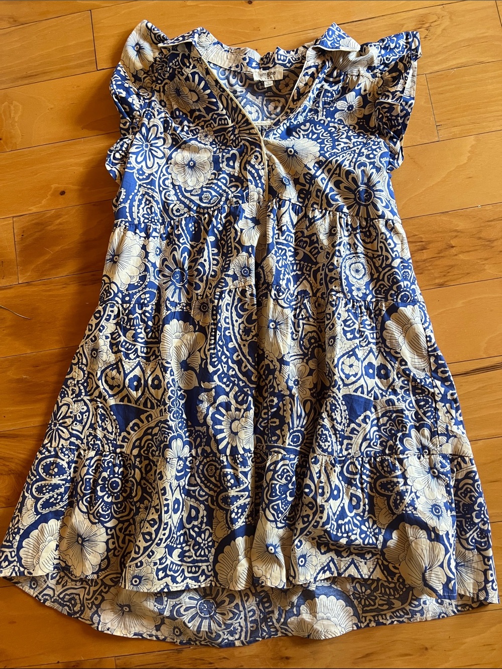 Umgee Blue & Cream Floral Ruffle Casual Dress